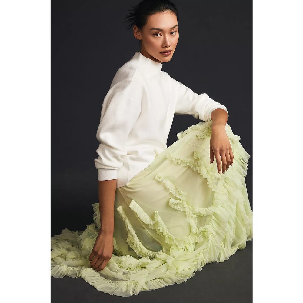 By Anthropologie Ruffled Tulle Skirt Green Midi Maxi XXS - Picture 2 of 12